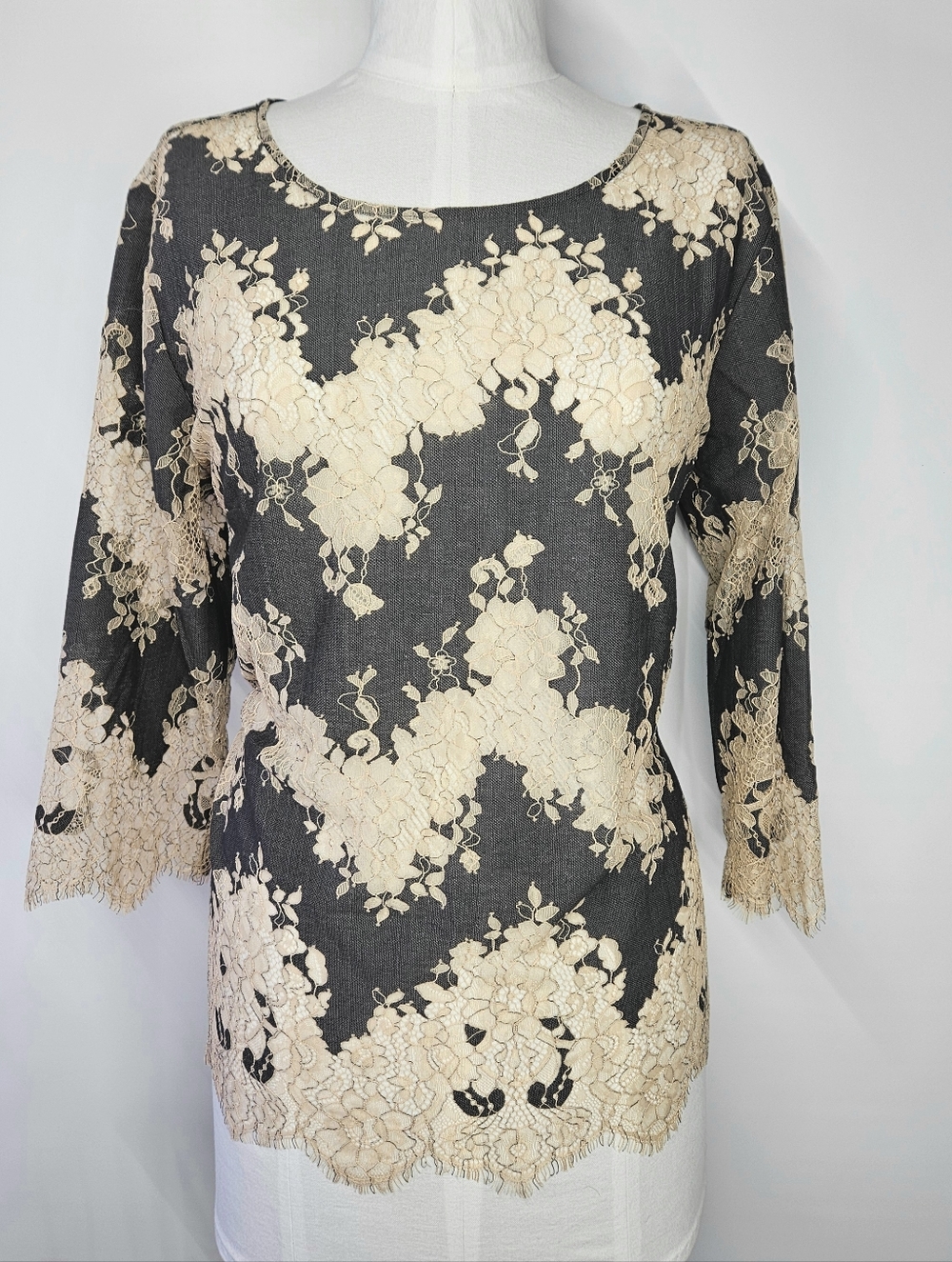 Linea Louis Dell'Olio Size L/14 Tunic Blouse Top Grey Beige Lace Inlay Eyelash